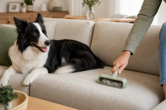 Border collie relaxing on a sofa while pet hair is removed from the cushion