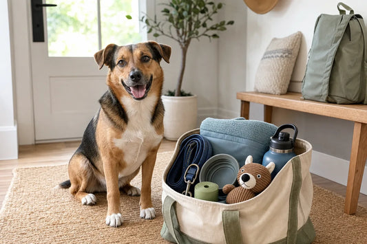 Happy dog sitting beside an organized bag of day-trip travel essentials