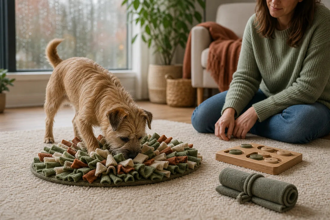 Small terrier enjoying a supervised snuffle-mat enrichment activity indoors