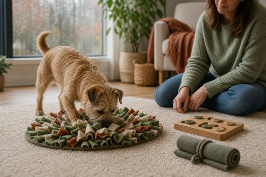 Small terrier enjoying a supervised snuffle-mat enrichment activity indoors