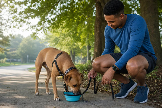 Dog drinking from a portable bowl during a shaded early-morning summer walk