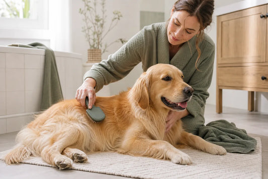 Golden retriever receiving a gentle brushing during an at-home grooming routine