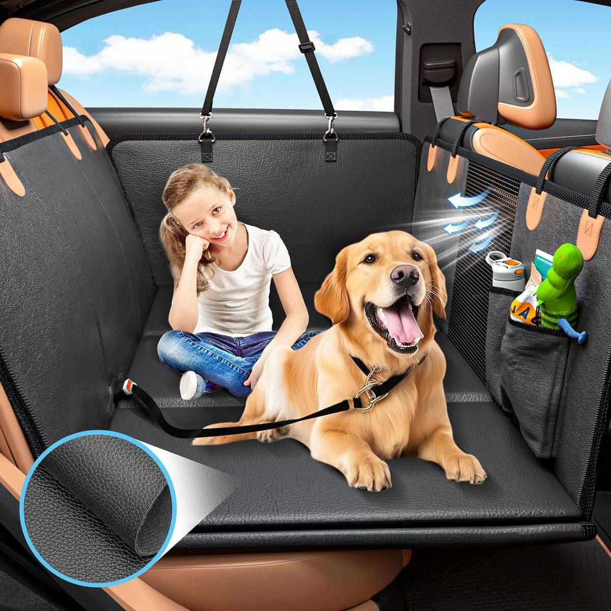 Dog riding on a hard-bottom backseat extender in a car