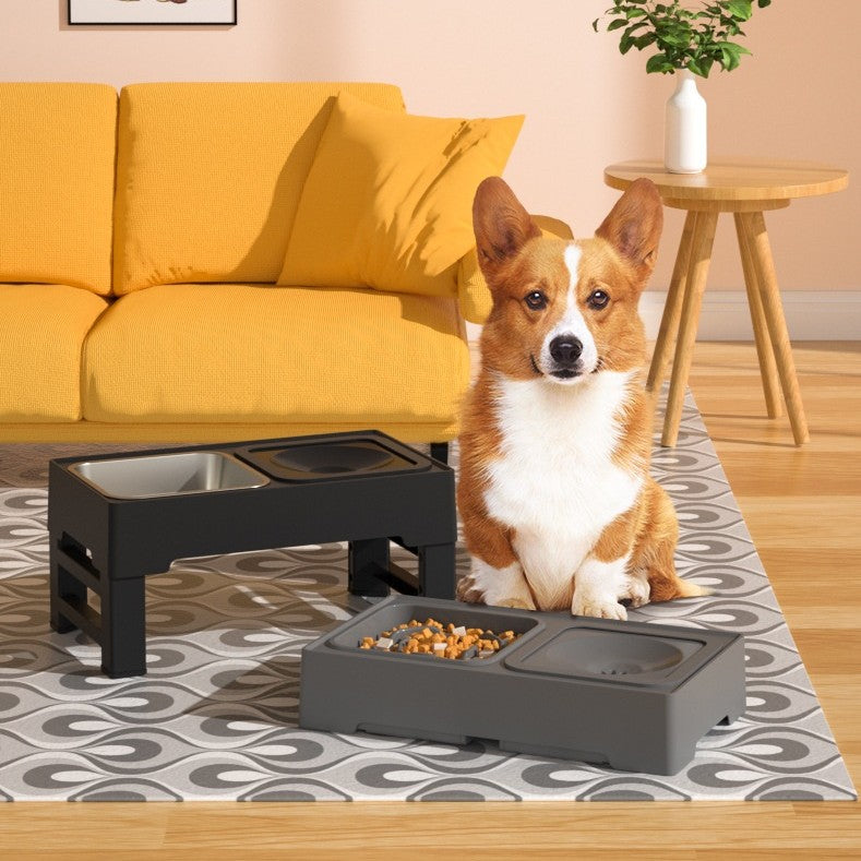 Adjustable elevated double dog bowl feeding station