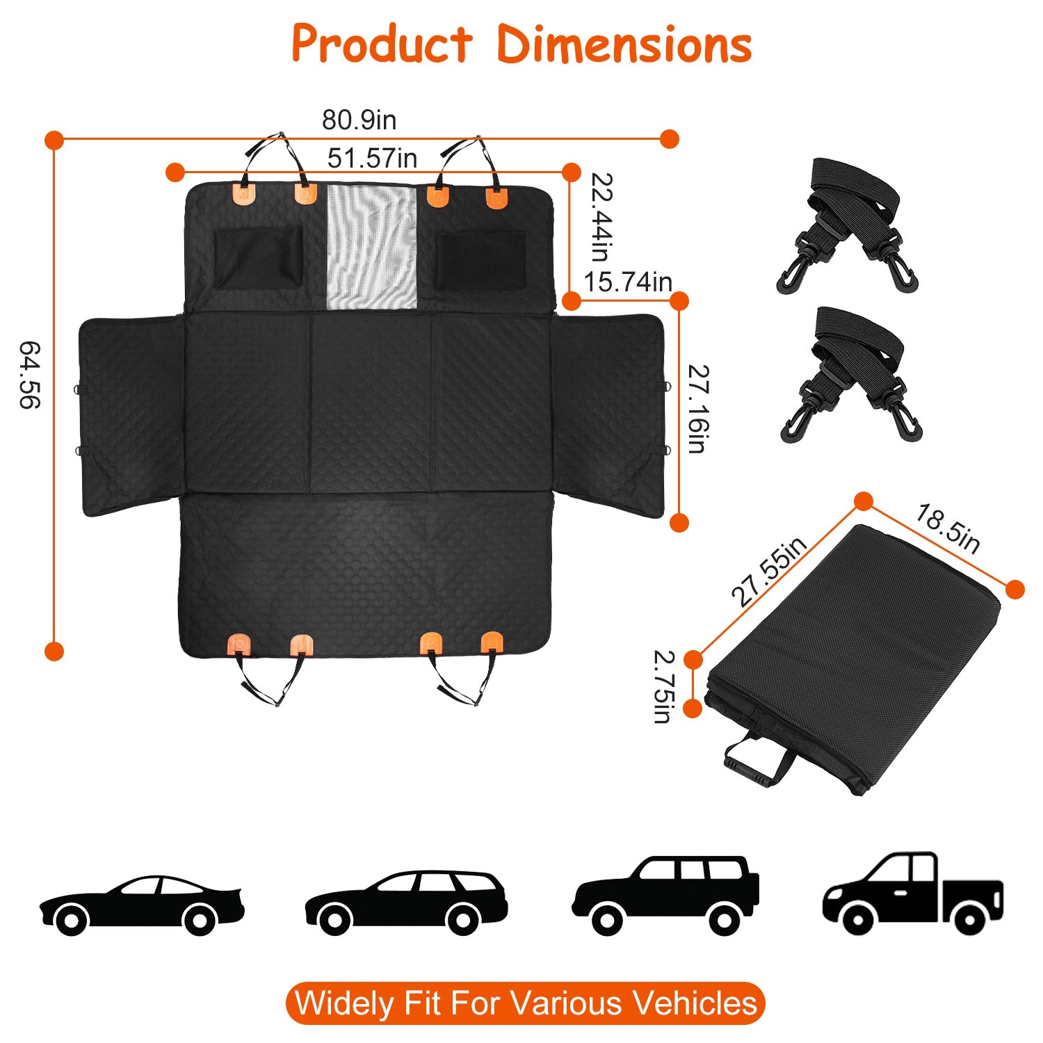 Black dog car seat cover folded for storage