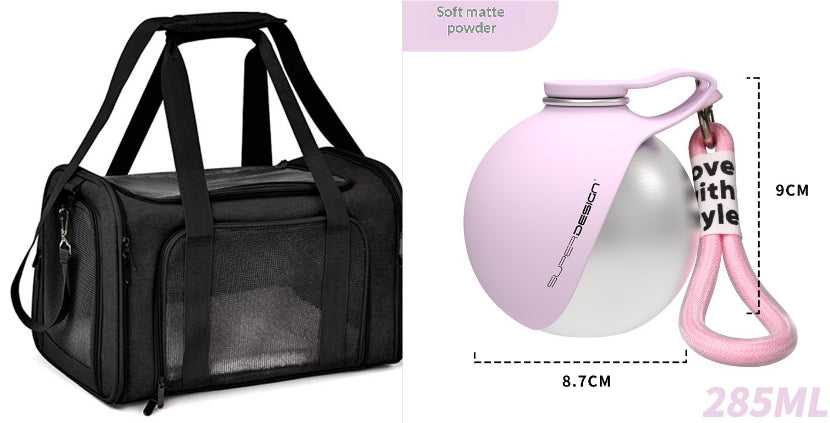 Black pet carrier bundle with pink travel water bottle