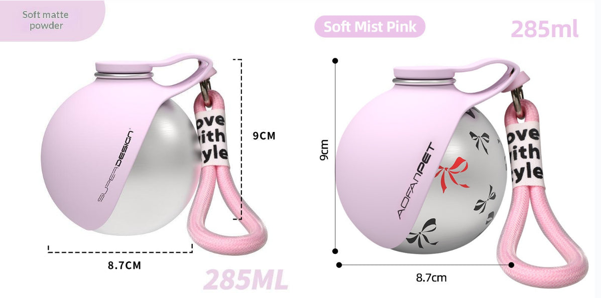 Pink printed 285ml travel dog water bottle dimensions