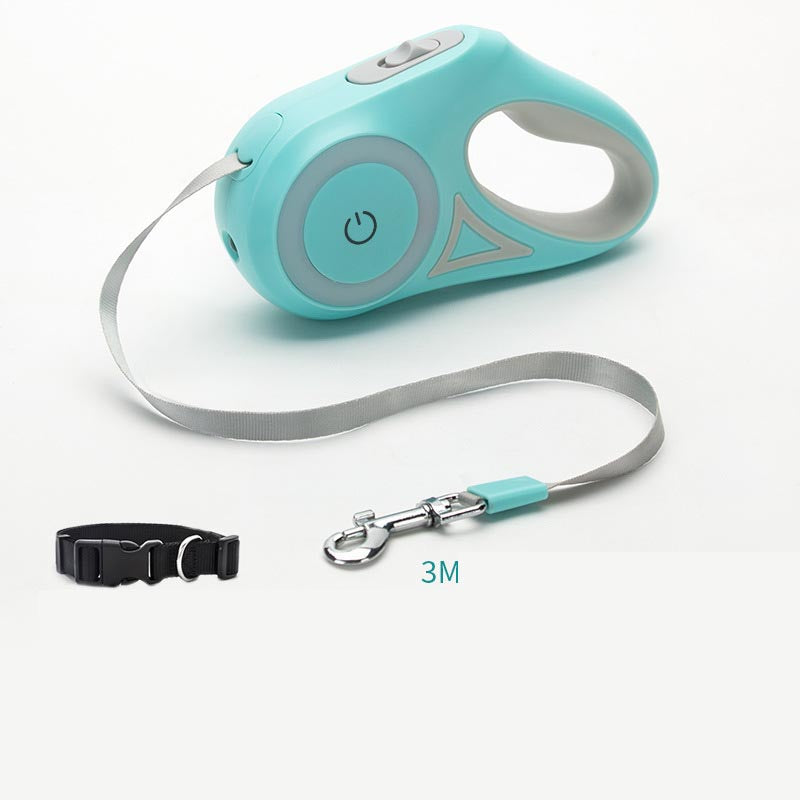 Blue retractable dog leash with collar and light attachment