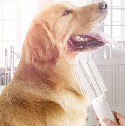 Folding grooming tool used on a dog