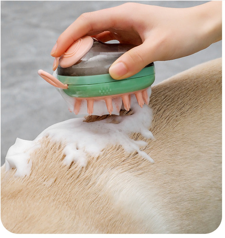 Green bath brush massaging a dog's coat