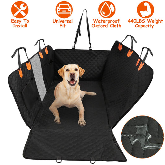 Black waterproof dog backseat cover installed in a car