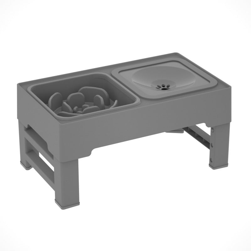 Grey elevated double bowl with slow-feeder insert