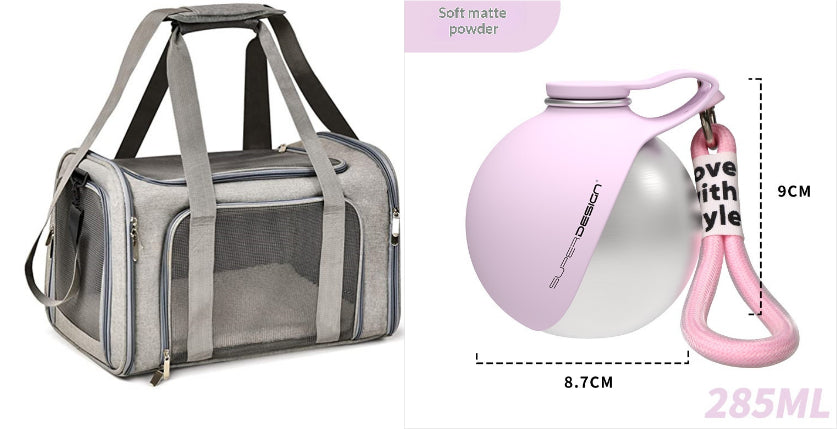 Grey pet carrier bundle with pink travel water bottle