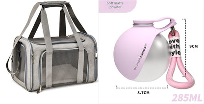 Grey pet carrier bundle with pink travel water bottle
