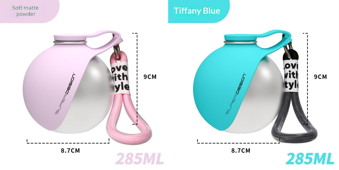 Blue and pink round travel dog water bottle options