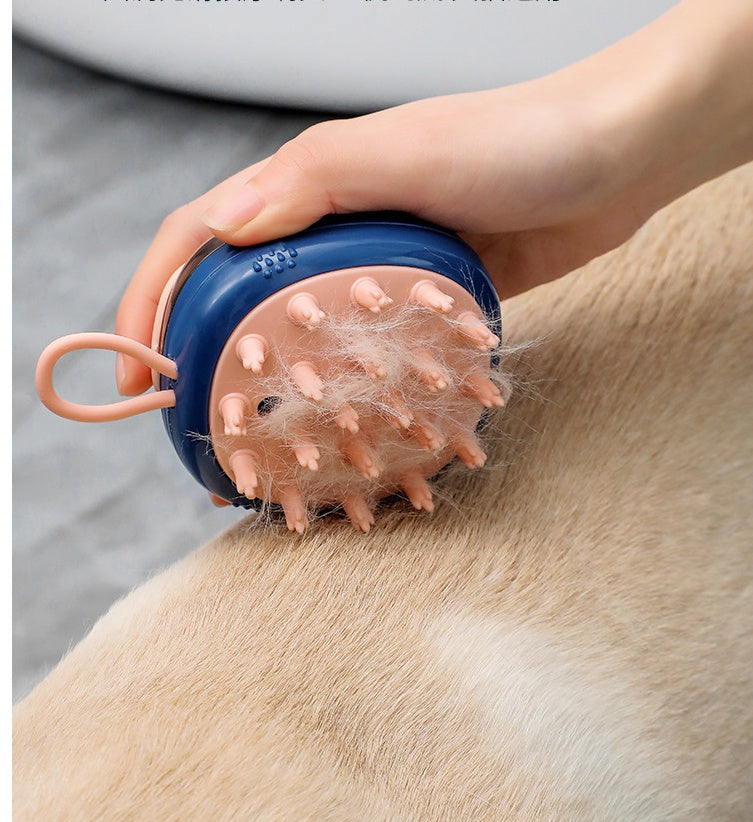 Navy bath brush grooming a dog's coat