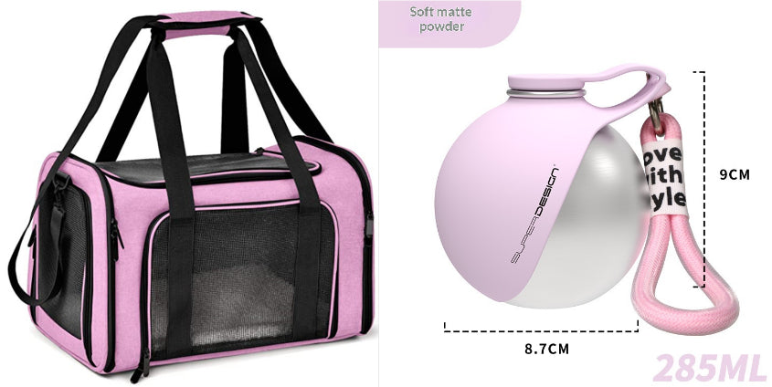 Pink pet carrier bundle with pink travel water bottle