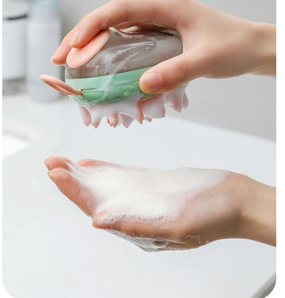 Shampoo foam dispensed from a pet bath brush