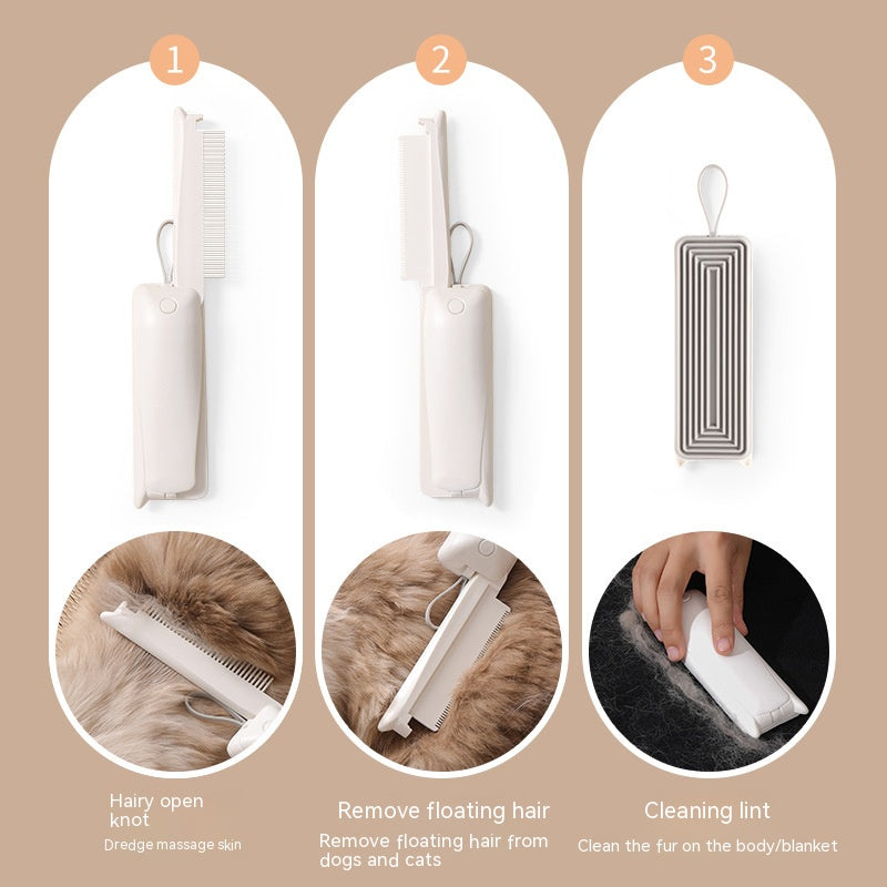 Three grooming functions of a folding pet hair remover