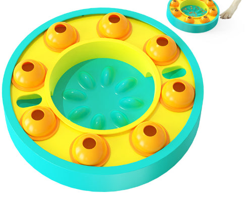 Blue and yellow rotating pet puzzle feeder