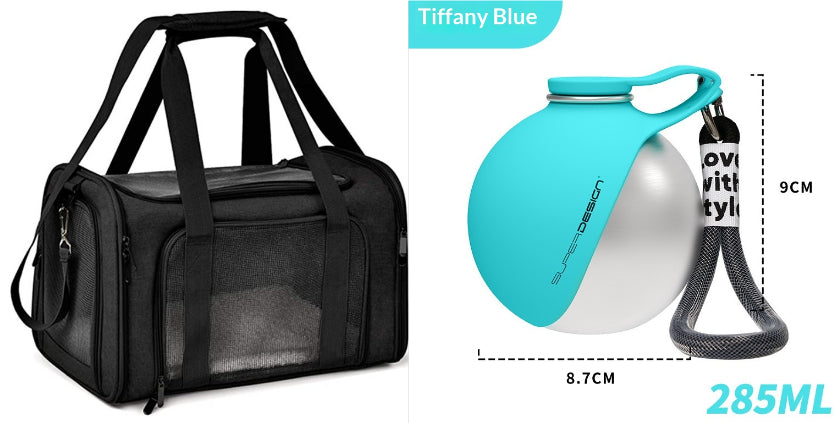 Black pet carrier bundle with blue travel water bottle