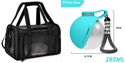 Black pet carrier bundle with blue travel water bottle