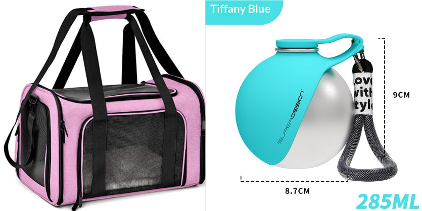 Pink pet carrier bundle with blue travel water bottle