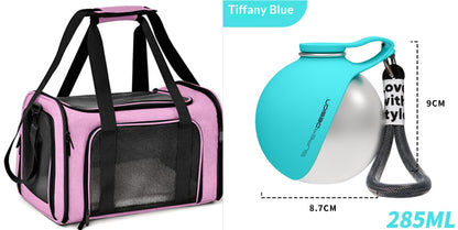 Pink pet carrier bundle with blue travel water bottle