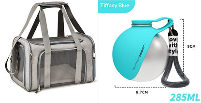 Grey pet carrier bundle with blue travel water bottle